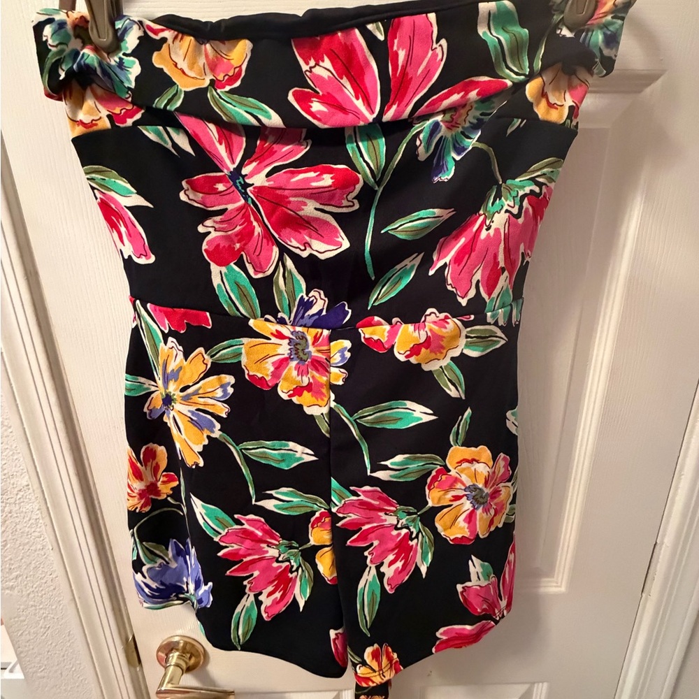 Fashion Nova Black Strapless Floral Dress with Pink, Yellow & Green Accents